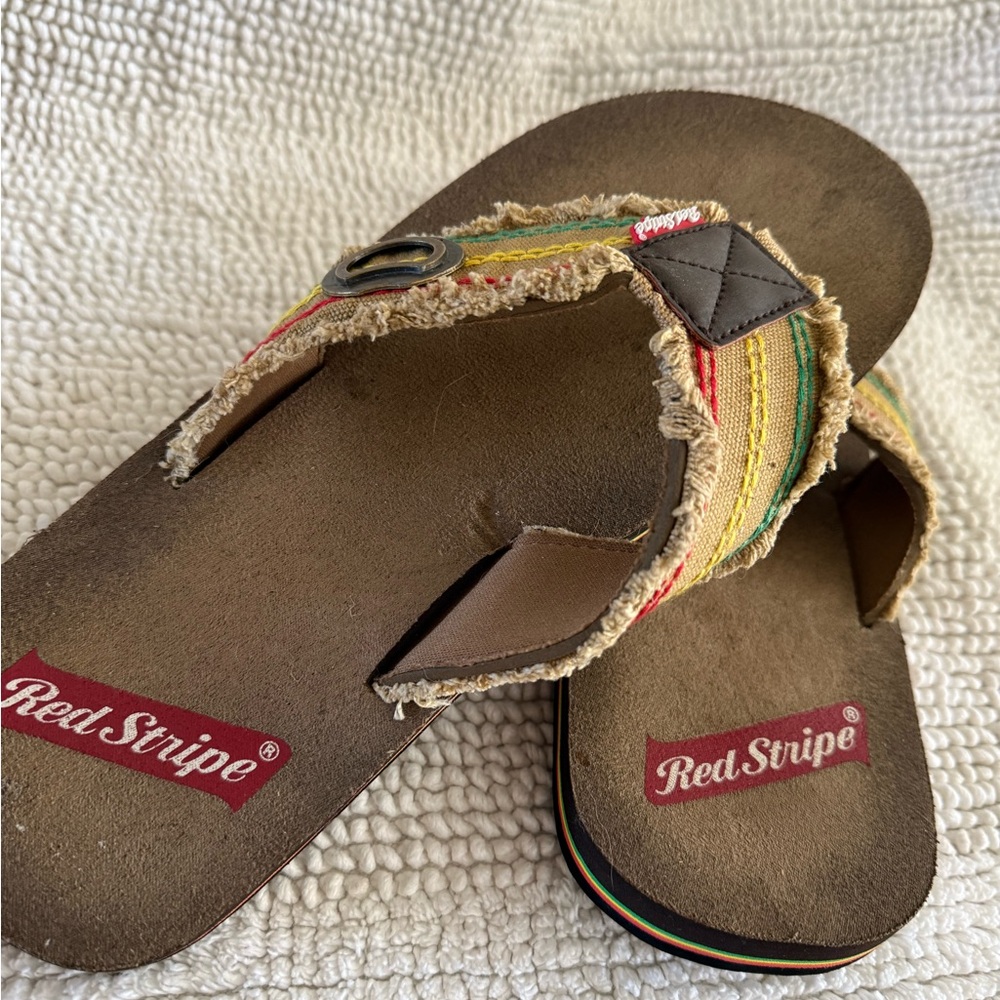 Red Stripe Beer Brown Flip Flop Sandals with Bottle Opener